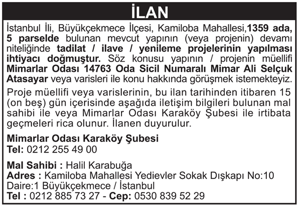 Mimarlar Odası Proje Müellifi Duyuru İlanı Gazete Örneği